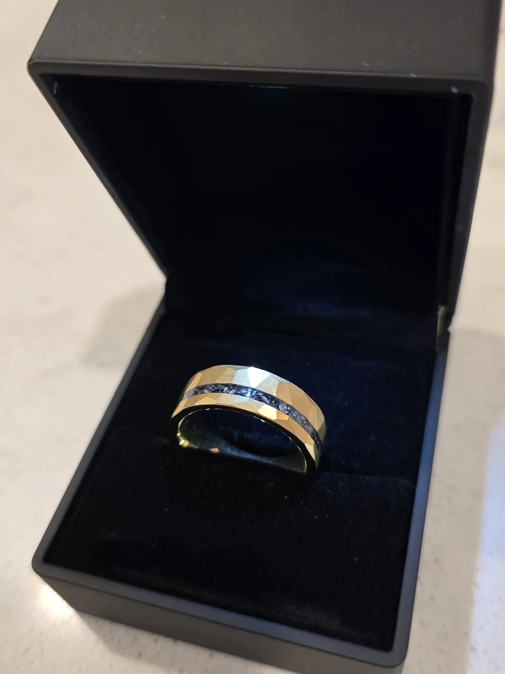 Yellow Gold Tungsten Meteorite Ring Hammered Mens Wedding Band, Unique Men Ring